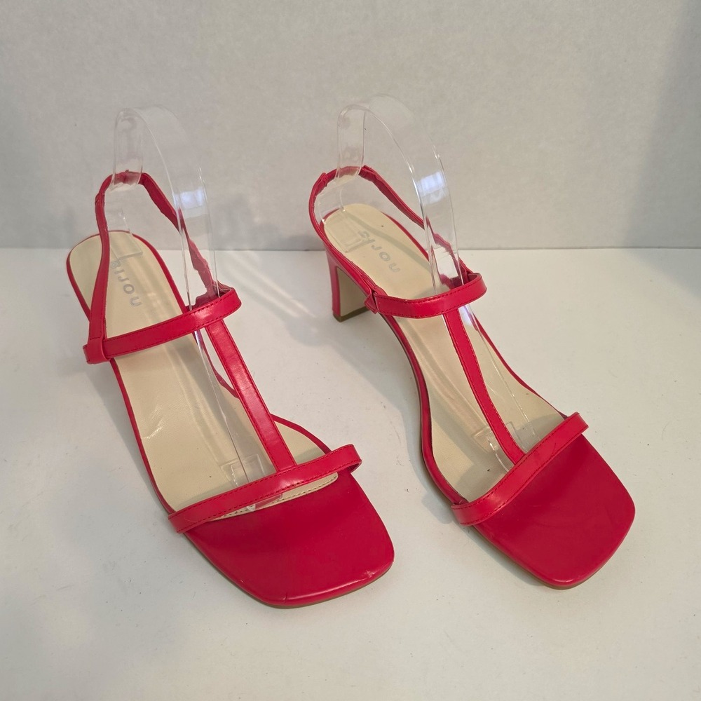Bijou Women's Red Strappy Square Toe Slip On Block Heel Sandals Size 10 EU 41